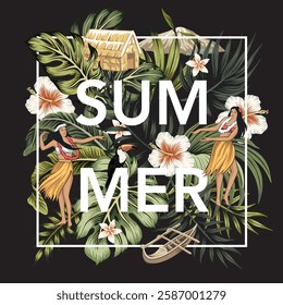 Hawaiian girls, toucan bird, hibiscus flower, palm leaves, boat, island illustration. Summer slogan print.