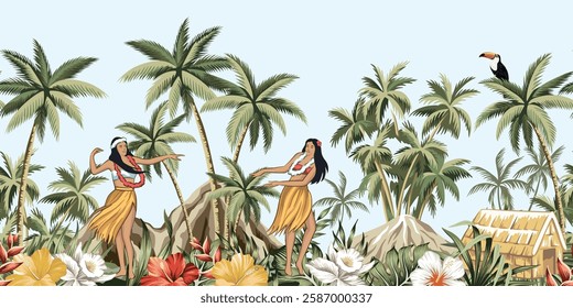 Hawaiian girls, toucan, hibiscus flower, orchid, palm tree, banana tree, palm leaves, island seamless border. Jungle wallpaper.