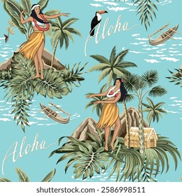 Hawaiian girls, toucan, palm tree, banana tree, island, boat seamless pattern blue background. Jungle wallpaper.