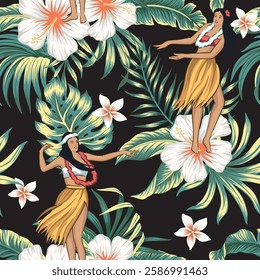 Hawaiian girls, white hibiscus flower, tropical palm leaves seamless pattern black background. Jungle wallpaper.