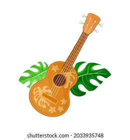 Hawaiian Guitar with Green Tropical Monstera Leaf as Beach Resort Symbol Vector Illustration