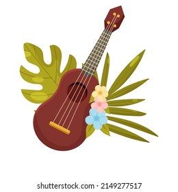 Hawaiianische Gitarre auf tropischem Hintergrund und Blumen. Ukulele Gitarre einzeln auf weißem Hintergrund. Vektorgrafik für Sommerpostkarten, Banner, Poster.