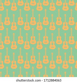 Hawaiian guitar seamless pattern. Vintage ukulele guitar, guitar silhouette isolated on green background