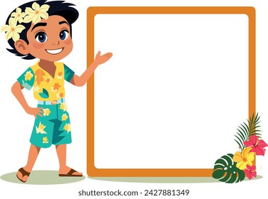 Hawaiian guy in a Hawaiian shirt points to a blank banner advertising space Vector