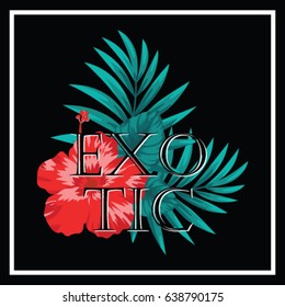 Hawaiian handmade tropical exotic t shirt graphics. Retro drawn palm trees leaf and hibiscus vector illustration