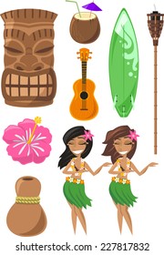 Hawaiian, Hawaii Set with ti ki, god, hula dancer, board, surf board, ukulele, coconut. Vector illustration cartoon.