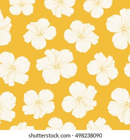 Hawaiian hibiscus floral seamless pattern. Detailed freehand drawing close up flowers. Side by side isolated layout. Beige on yellow orange background.