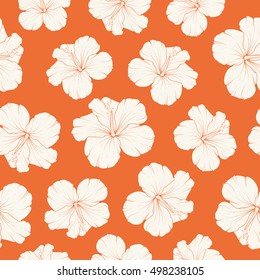 Hawaiian hibiscus floral seamless pattern. Detailed freehand drawing close up flowers. Side by side isolated layout. Intense flame orange background.