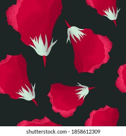 Hawaiian hibiscus flower or Chinese rose. Seamless pattern with blossoms on a dark background. The design element of a drink, print for fabric, clothing, and cosmetics. Tropical trendy exotic plant.
