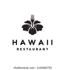 Hawaiian Hibiscus Flower Plant with Fork Silhouette for Hawaii Restaurant Cuisine Bar Food Logo design 