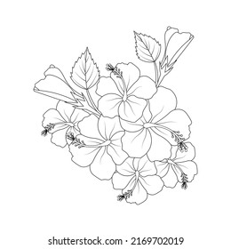 Hawaiian hibiscus flower vector line art design on black and white background for coloring page
