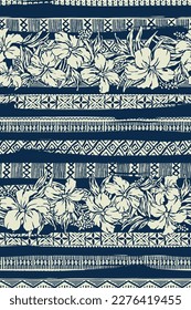 Hawaiian hibiscus flowers ethnic motif stripes vintage seamless pattern artwork for summer wear fabric table cloth carpet