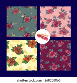 Hawaiian hibiscus seamless pattern set. Aloha Seamless Background Pattern set on wooden background.