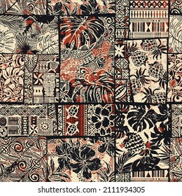 Hawaiian hibiscus and tribal element fabric patchwork abstract vintage vector seamless pattern 