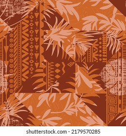 Hawaiian hibiscus and tribal element fabric patchwork abstract vintage vector seamless pattern