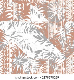 Hawaiian hibiscus and tribal element fabric patchwork abstract vintage vector seamless pattern