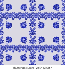 Hawaiian hibiscus and tribal tile seamless pattern. Bicolor blue ornament