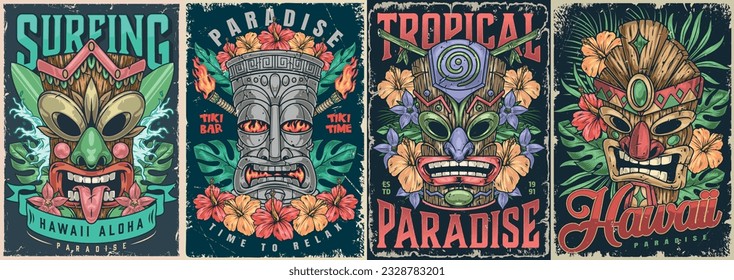 Hawaiian holidays set poster colorful with stone and wood tiki totems for surf festival or beach party vector illustration