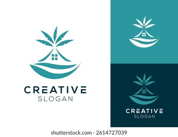 Hawaiian house or beach house with palm tree logo design for recreation or tourism