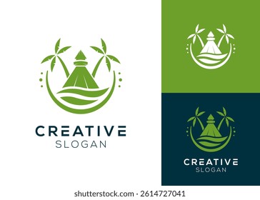 Hawaiian house or beach house with palm tree logo design for recreation or tourism