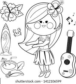 Hawaiian hula dancer girl and summer beach vacation set. Vector black and white coloring page.