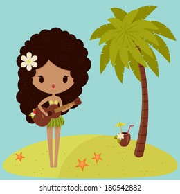 Hawaiian Hula dancer is singing near a palm tree 