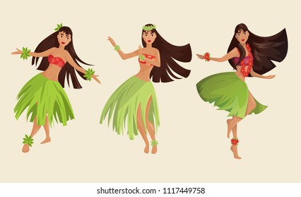 Hawaiian hula dancer young pretty woman set. Vector illustration