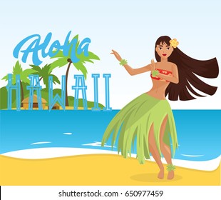 Hawaiian hula dancer young pretty woman. Vector illustration