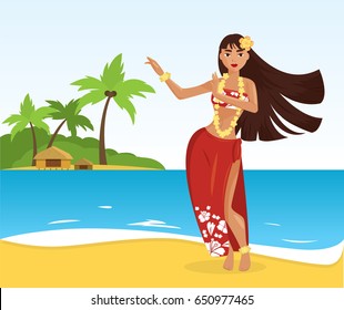 Hawaiian hula dancer young pretty woman. Vector illustration