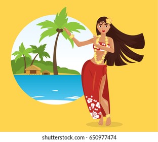 Hawaiian hula dancer young pretty woman. Vector illustration
