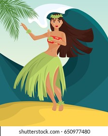 Hawaiian hula dancer young pretty woman. Vector illustration