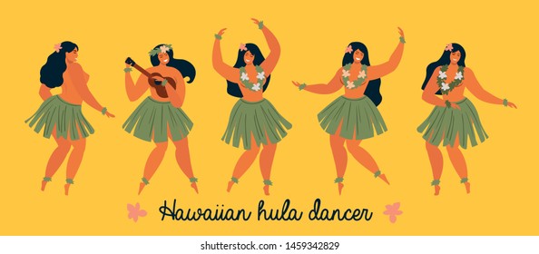 Hawaiian hula dancers young pretty woman. Vector illustration.