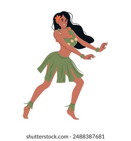 Hawaiianische Hula Mädchen Tänzerin Cartoon Figur in Anzug aus Blumen und Blättern, flache Vektorillustration isoliert auf weißem Hintergrund. Junge Frau tanzt Hula-Tanz.