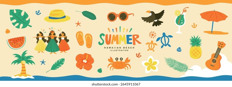 Hawaiian icon illustrations with the image of a summer beach_A set of hibiscus and plumeria flowers, hula dancing, ukulele, etc.