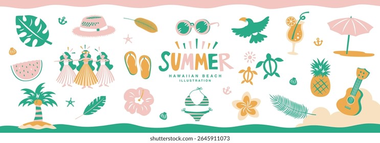 Hawaiian icon illustrations with the image of a summer beach_A set of hibiscus and plumeria flowers, hula dancing, ukulele, etc.