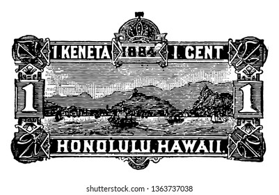 Hawaiianische Insel Umschlag 1884, enthält Bilder von Königen und Königinnen der Insel mit Hawaiian oben geschrieben und ein Cent auf der unteren Vintage Linie Zeichnung geschrieben.