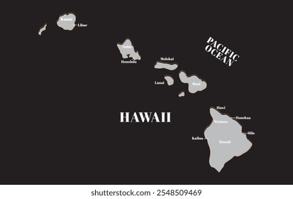 Mapa infográfico de ilha havaiana com cinza francês e preto