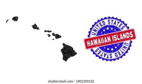 Hawaiian Islands map polygonal mesh with filled triangles, and textured bicolor stamp. Triangle mosaic Hawaiian Islands map with mesh vector model, triangles have randomized sizes, and positions,