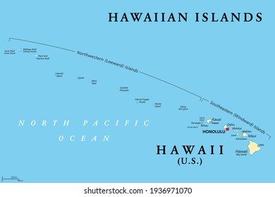 Hawaiianische Inseln, politische Landkarte. US-Bundesstaat Hawaii mit der Hauptstadt Honolulu und dem unbefestigten Gebiet Midway Island. Archipel im Nordpazifik. Sandwichinseln. Illustration. Vektorgrafik.