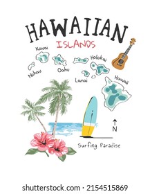 hawaiian islands slogan with hand drawn islands map and palm tree vector illustration