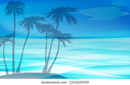 Hawaiian landscape illustration of beautiful ocean and palm trees