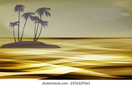 Hawaiian landscape illustration of beautiful ocean and palm trees