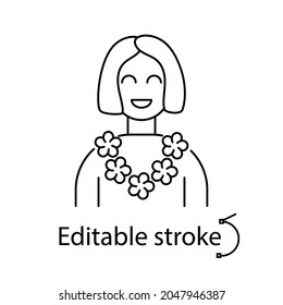 Hawaiianische Lei-Umriss-Symbol. Blumengarten für Besucher. Malediven und Hawaii-Attribut. Koralleninsel. Exotische Ferien. Anpassbares Linear-Kontursymbol. Bearbeitbarer Strich. Einzelne Vektorgrafik