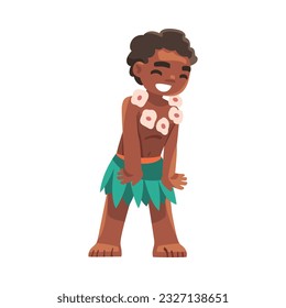 Hawaiian Little Boy Character with Lei Garland on His Neck Standing Vector Illustration