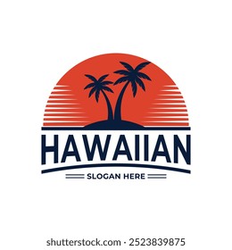 conceito de design de logotipo havaiano estilo retrô vintage com palmeira e pôr do sol