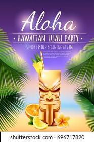 Hawaiian Luau Party Poster With Tiki Mug, Citrus Fruits, Flower, Palm Branches On Blurred Background Vector Illustration 