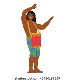 Hawaiian Male Dancer Character Joyfully Performs Traditional Hula Dance, Holding A Vibrant Red Drum. His Movement Captures The Essence Of Hawaiian Culture And Festivities. Cartoon Vector Illustration