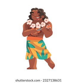 Hawaiian Man Character with Lei Garland or Wreath Playing Ukulele Vector Illustration