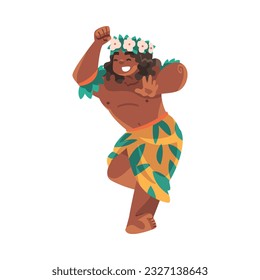 Hawaiian Man Character with Lei Garland or Wreath Hula tanting Vector Illustration