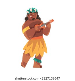 Hawaiian Man Character with Lei Garland or Wreath Playing Ukulele Vector Illustration